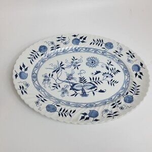 VTG Wood & Sons England Onion Blue Blue Fjord Flowers & Leaves Oval Platter 12"